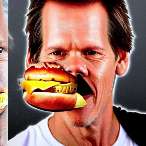 Image similar to kevin bacon face wrapped inside a cheeseburger