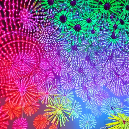 Prompt: rainbow pearlescent dandelion rainforest in the style of yayoi kusama james turrell dan flavin judi chicago 4 k