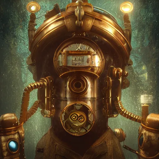 Prompt: underwater bioshock steampunk portrait, hyper detailed, digital art, cinematic lighting, studio quality, smooth render, unreal engine 5, octane rendered, art style by klimt and nixeu and ian sprigger and wlop and krenz cushart.