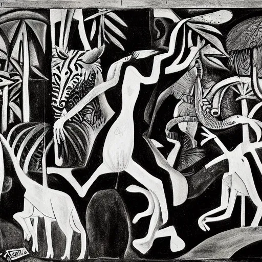 Image similar to black and white painting of the jungle with jungle animals, el guernica style,