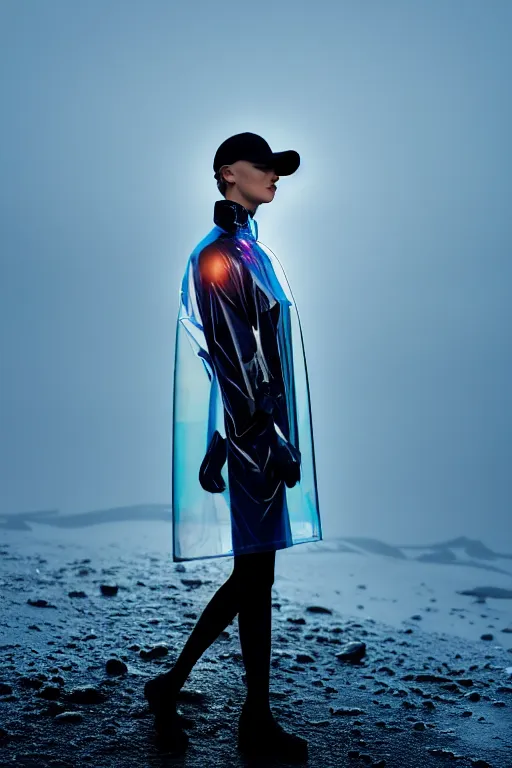 Image similar to an ultra high definition professional high fashion portrait studio full length photograph of a model wearing a transparent pearlescent raincoat and neon visor in an icelandic black rock environment at dawn. no artefacts. extremely detailed. stark. refraction. shallow depth of field. volumetric light and shadow. ray tracing. light rays.