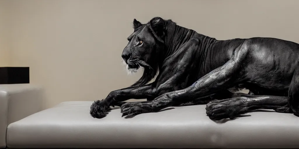 Image similar to a black lioness, made of ferrofluid, laying on the couch in the living room, covered with ferrofluid. photography, dslr, realism, color, rimlight, wrinkles, reflections, animal photography, black goo