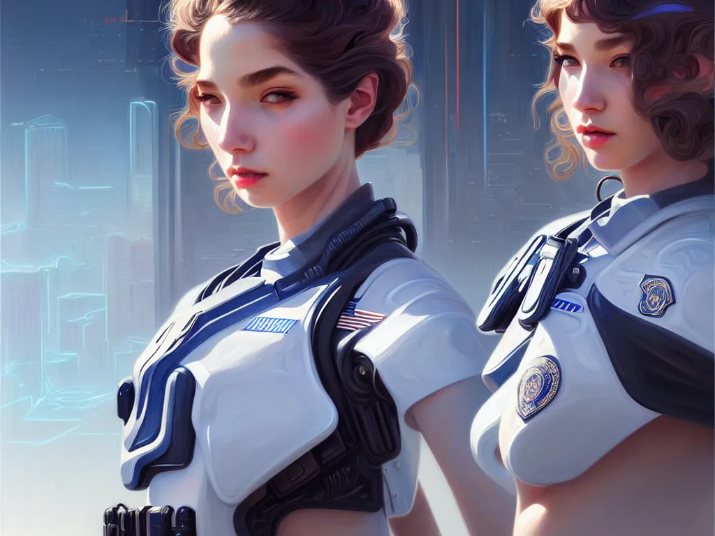 Image similar to portrait futuristic usa police uniform girl, at future neon light rooftop, ssci - fi and fantasy, intricate and very very beautiful and elegant, highly detailed, digital painting, artstation, concept art, smooth and sharp focus, illustration, art by tan zi and ayanamikodon and alphonse mucha and wlop