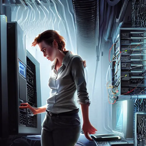 Prompt: illustration an it guy who is plugging a girl through cables to a computer and it cabinet. the girl looki like a mix of emma watson and scarlett johansson and nathalie portman, very details, by david rutkowski, by artgem