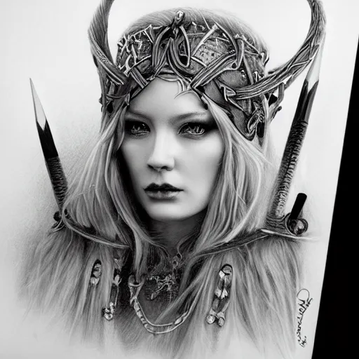 Image similar to hyper realistic pencil drawing of a goth viking princess, detailed, rim light, diffused, intricate, axe, by anna dittmann