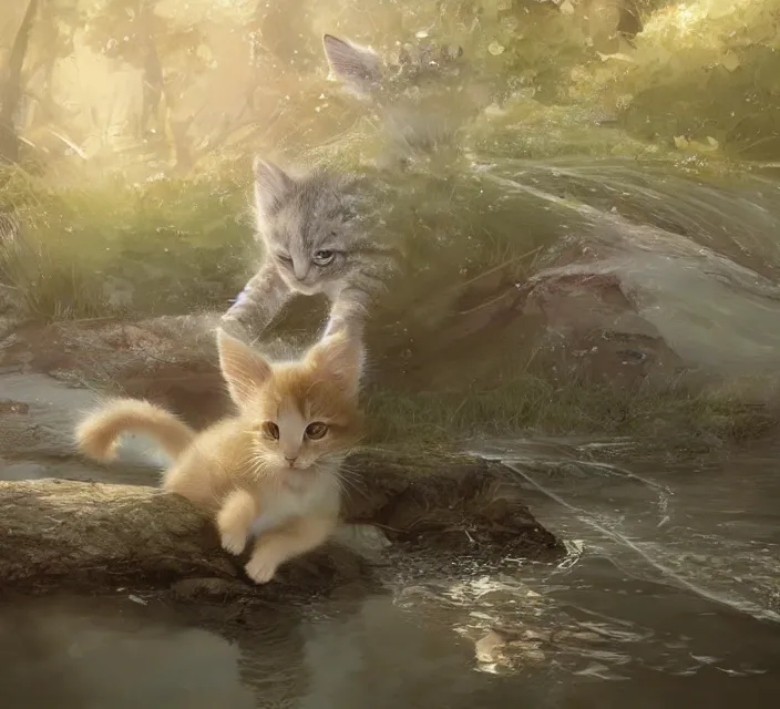 Image similar to a painting of a cute light beige brown kitten at a river. fur pattern. character design by cory loftis, fenghua zhong, ryohei hase, ismail inceoglu and ruan jia. volumetric light, detailed, rendered in octane