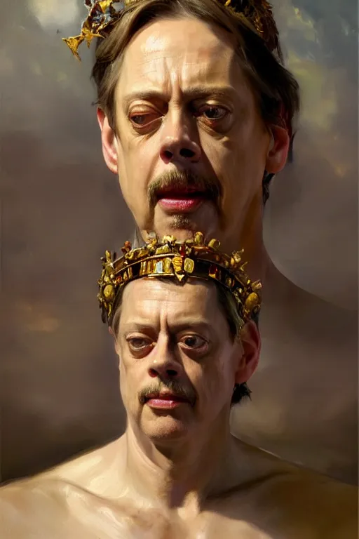 Image similar to beautiful expressive oil painting portrait of ancient roman god emperor steve buscemi ascending wearing the civic crown, art by anders zorn, wonderful masterpiece by greg rutkowski, beautiful cinematic light, american romanticism by greg manchess, jessica rossier