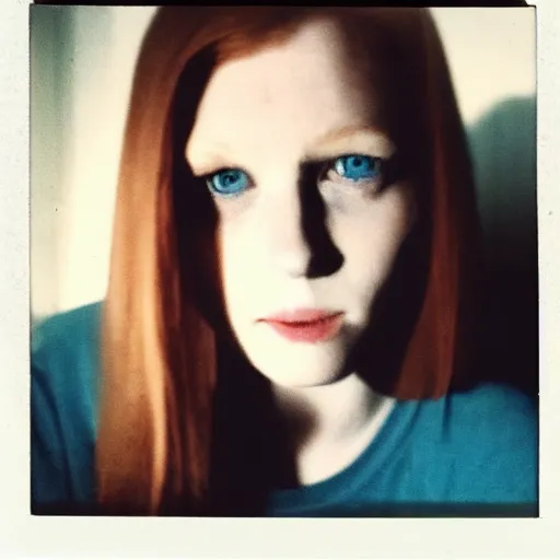 Prompt: photograph, closeup polaroid photo of a young pale woman with shoulder length ginger hair in a dark room, blue eyes, no makeup, wearing a black tshirt, flash photography, indoor setting, high contrast, sharp, trending on tumblr,