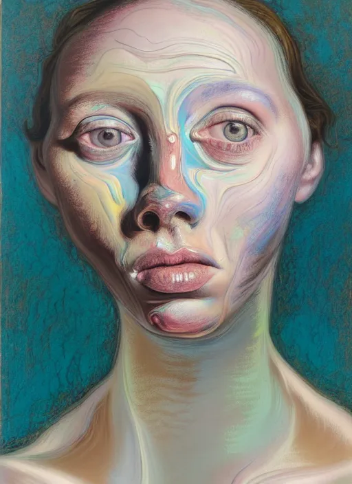 Image similar to a strange, biomorphic painting of a woman with large eyes, in pastel colours in the style of jenny saville, in the style of charlie immer, highly detailed, emotionally evoking, head in focus, volumetric lighting, oil painting, timeless disturbing masterpiece