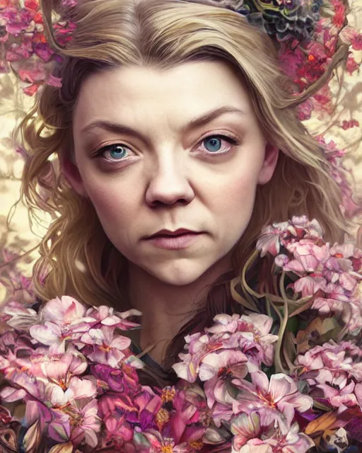 Image similar to portrait of natalie dormer, surrounded by flowers by karol bak, james jean, tom bagshaw, rococo, sharp focus, trending on artstation, cinematic lighting, hyper realism, octane render, 8 k, hyper detailed.