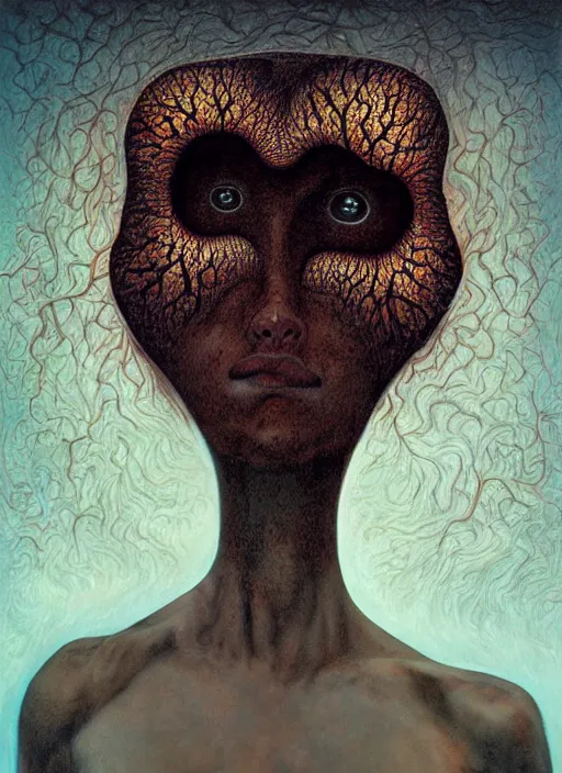 Image similar to dramatic portrait painting of woman with large crying eyes with black mandelbrot fractal instead of face, in style of zdzisław beksinski, horror, body horror,