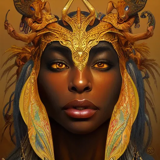 Prompt: an african deity king of the jungle, kemetic, D&D, fantasy, intricate, elegant, highly detailed, digital painting, artstation, concept art, matte, sharp focus, illustration, art by Artgerm and Greg Rutkowski and Alphonse Mucha