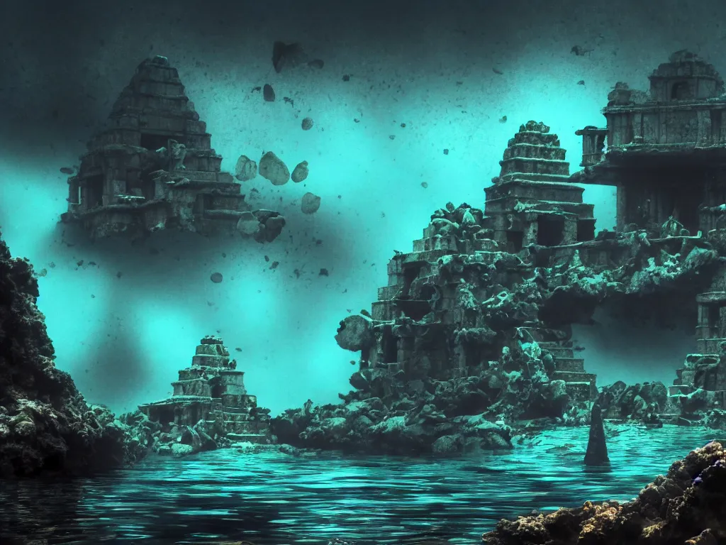 Image similar to full color, wide shot, submerged pre - incan temple, dark, underwater, symmetrical, bubbles, abyss, grenada underwater sculpture park, anime style mixed with fujifilm, detailed gouache paintings, stylized, dark, murky, foggy, atmospheric, artstation, cgsociety, octane render, cgi, unreal engine 5, denoise, cinematic masterpiece