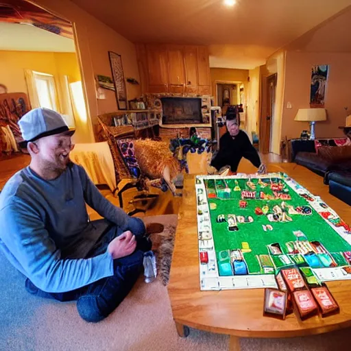 Image similar to wide angle photograph of llamas playing a boardgame, settlers of catan, living room