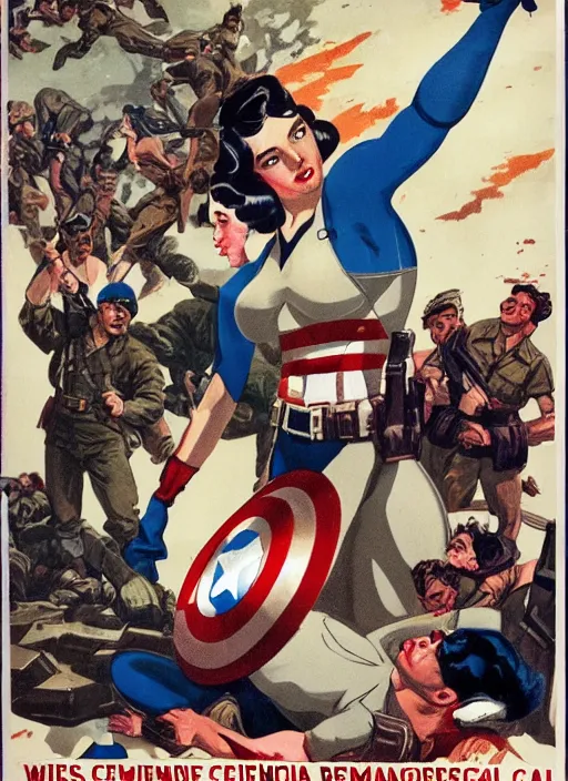 Image similar to beautiful female captain america standing on a pile of defeated, beaten and broken german soldiers. feminist captain america wins wwii. american wwii propaganda poster by james gurney. gorgeous face. overwatch. ralph bakshi