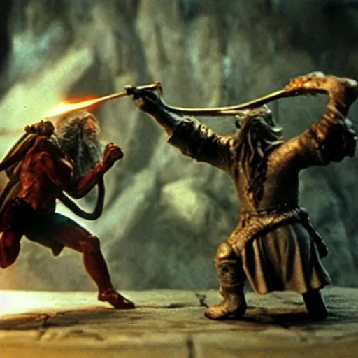 Image similar to a film still of gandalf fighting a balrog, claymation