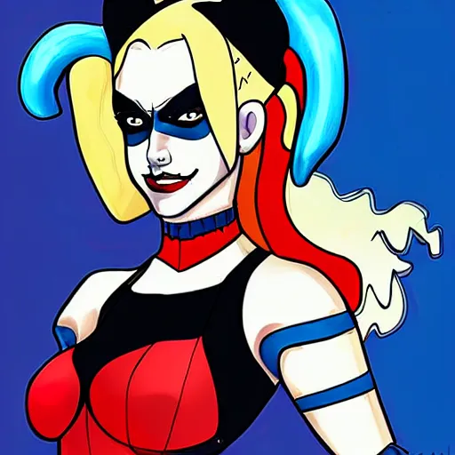 Prompt: detailed digitial painting of harley quinn in bruce timm art style, elaborate, intricate