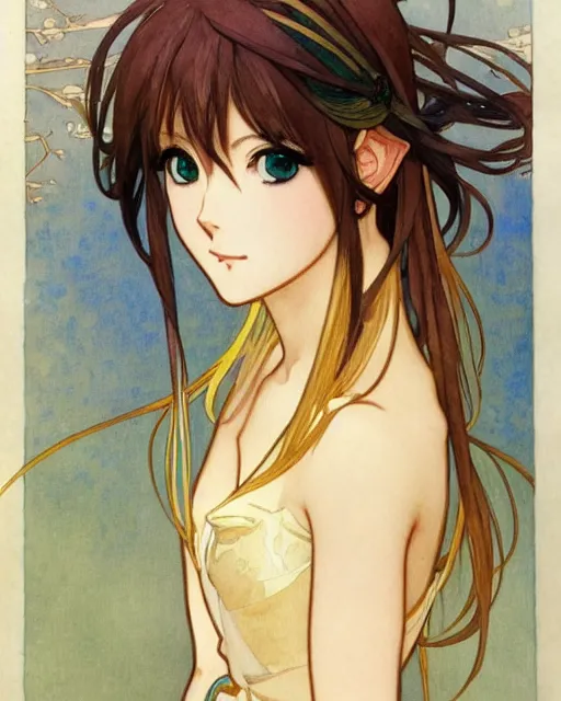Prompt: A watercolor side portrait of a beautiful anime Link looking to the side, elegant, delicate, soft lines, higly detailed, smooth , pixiv art, ArtStation, lime and gold hue, artgem, art by alphonse mucha charles reid mary cassatt and shirow masamune, high quality