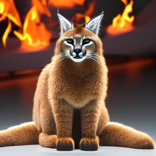 Image similar to wide-angle photo of fluffy cute caracal sitting on a chair in a room, flames of fire at background, octane render, 3d, 8k, hd, studio light