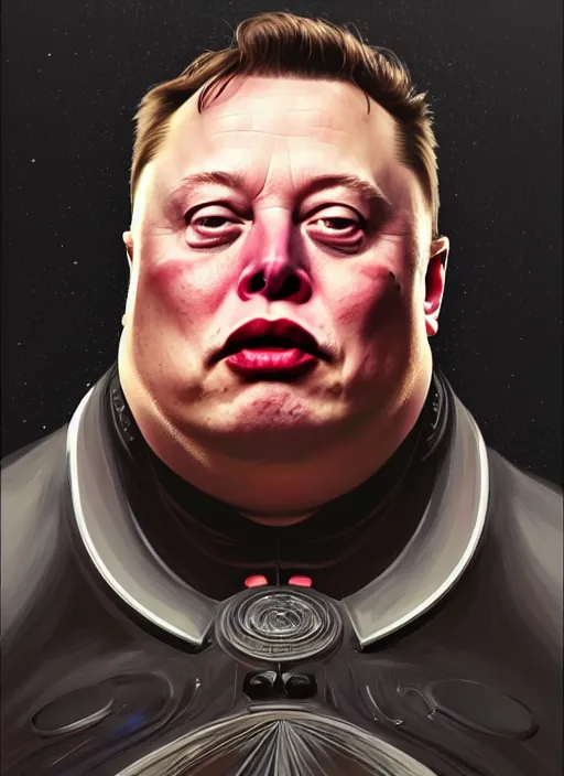 Image similar to elon musk as vladimir harkonnen!!, obese, portrait, intricate, elegant, highly detailed, digital painting, artstation, concept art, wallpaper, smooth, sharp focus, illustration, art by h. r. giger and artgerm and greg rutkowski and alphonse mucha