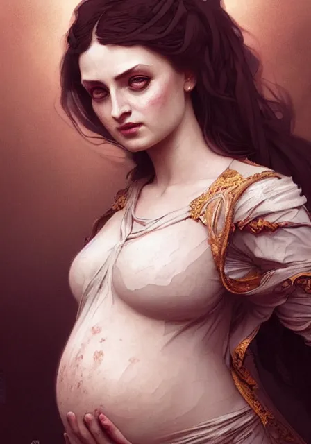 Image similar to sansa pregnant mummy zombie, intricate, elegant, highly detailed, digital painting, artstation, concept art, smooth, sharp focus, illustration, art by artgerm and greg rutkowski and alphonse mucha and william - adolphe bouguereau