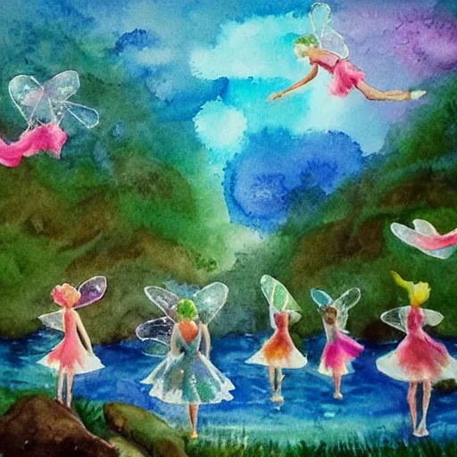 Prompt: Fairies dancing over the water at an amazing beautiful natural secret swim spot with rainbow pools under the night sky by Niroot Puttapipat, painted in watercolors