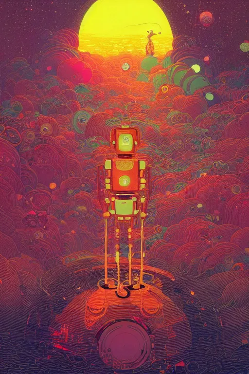 Prompt: stunning portrait of robot by victo ngai, kilian eng vibrant colors, winning - award masterpiece, fantastically gaudy, aestheticly inspired by beksinski and dan mumford, 4 k upscale with simon stalenhag work, sitting on the cosmic cloudscape