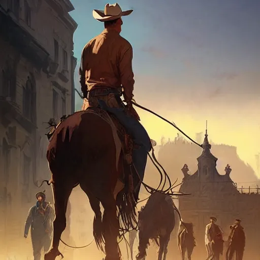 Image similar to cowboy walking into town, highly detailed, digital painting, artstation, concept art, smooth, sharp focus, illustration, art by artgerm and greg rutkowski and alphonse mucha