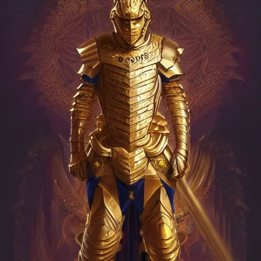 Image similar to Lionel Messi wearing a beautiful golden armor, D&D, fantasy, intricate, elegant, highly detailed, digital painting, artstation, concept art, matte, sharp focus, illustration, art by Artgerm and Greg Rutkowski and Alphonse Mucha