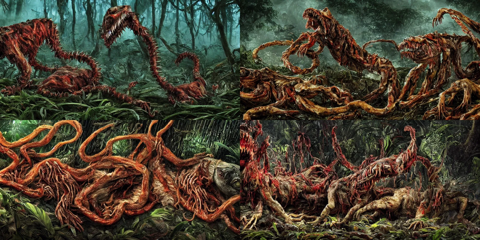 Prompt: an ultra-detailed high-quality photo of twisted animals and hostile tubifex worms melting together, forming a livid amorphous mass of blood-oozing body horror composed of random limbs, jaws full of sharp teeth, patches of fur, glowing eyes, and intestines falling out and slithering, in a deep lush jungle at night, hazy atmosphere