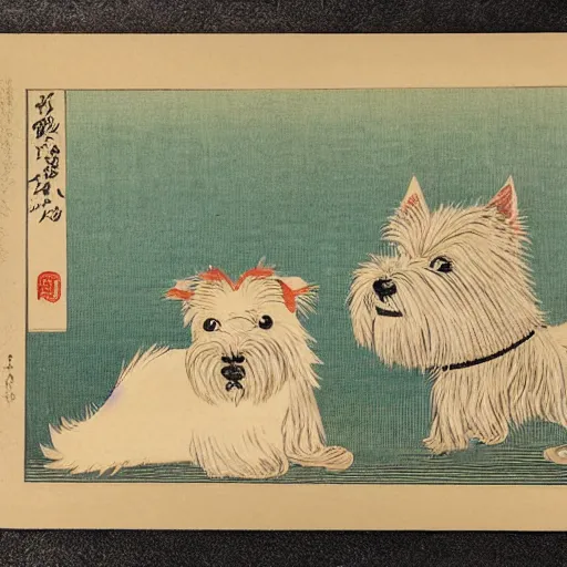 Image similar to Japanese woodblock print of a brewery with a west highland white terrier