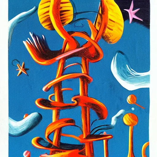 Image similar to dr. seuss surrealism tower | midnight paintings | intricate detail | bold colors | illustration | barren waste with single tower