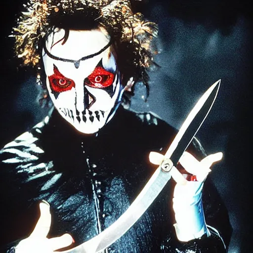 Prompt: Edward Scissor hands cast as Freddy Krueger, knives-for-fingers, knife-glove, burnt-face cover-art-poster-photograph-only