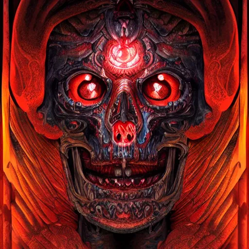 Image similar to digital _ painting _ of _ cizkin god of death mayan _ by _ filipe _ pagliuso _ and _ justin _ gerard _ symmetric _ fantasy _ highly _ detailed _ realistic _ intricate _ port glowing red eyes, space background