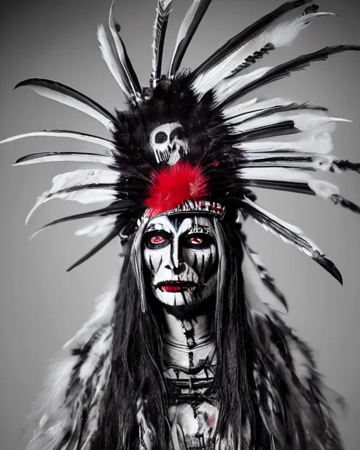 Prompt: lady native sisters ghost - spirit of the grim - warpaint wears the scarlet skull armor and native blood headdress feathers, midnight fog - mist!, cinematic lighting, various refining methods, micro macro autofocus, ultra definition, award winning photo, photograph by ghostwave - gammell - giger - shadowlord