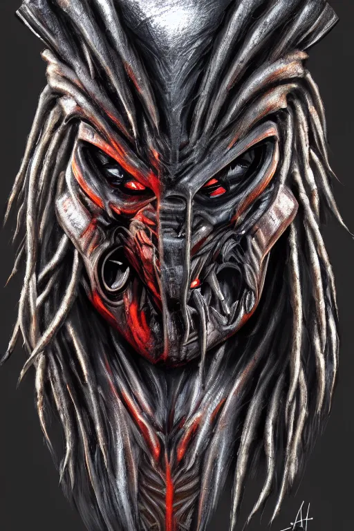 Image similar to predator 1 9 8 7 masked face redesign, portrait, highly detailed, black smooth dreads, mandables, digital painting, trending on artstation, concept art, illustration