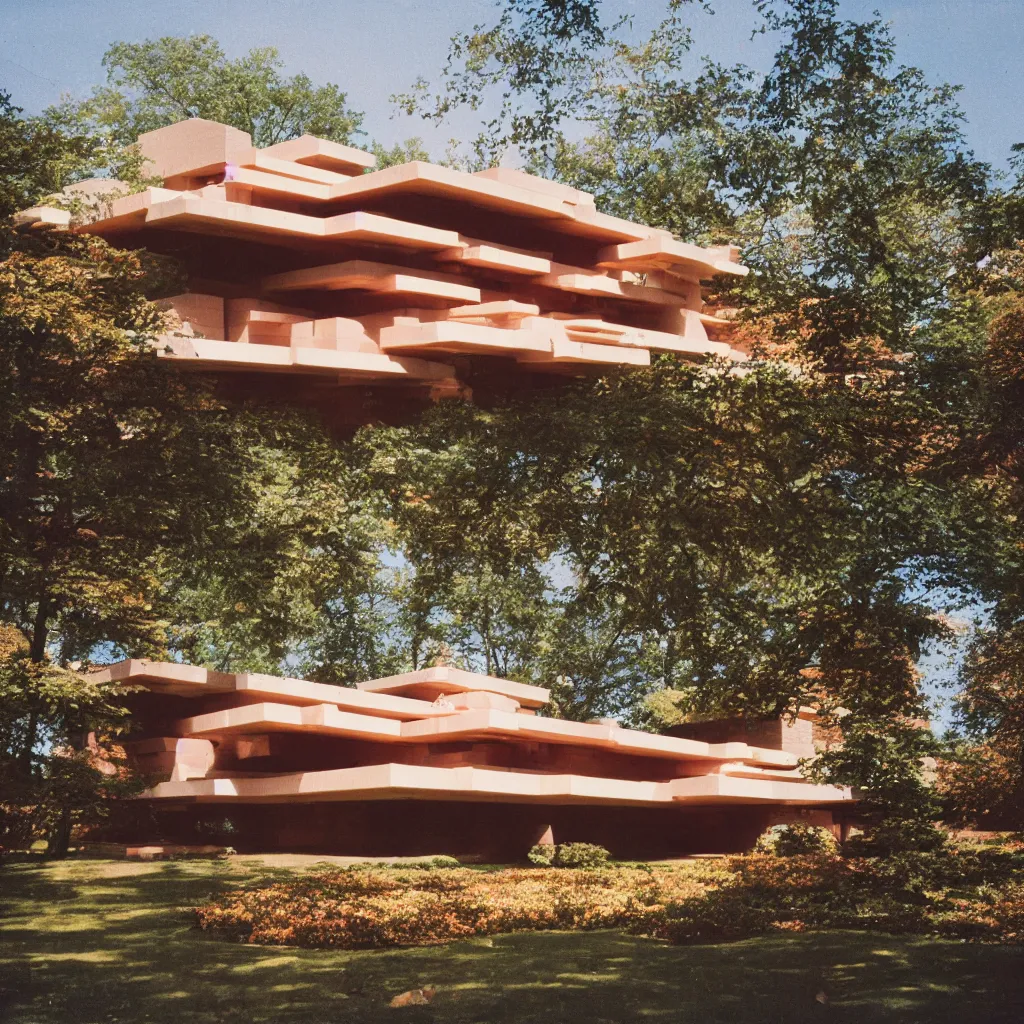 Prompt: photo of a Frank Lloyd Wright building made of LEGO, 50mm, pentax, film