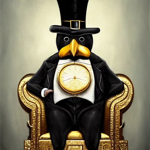 Image similar to oil painting of grumpy rich steampunk penguin sitting on fancy chair, wearing top hat, holding gold, sharp focus, fantasy style, steampunk factory background, steampunk atmosphere, factory background, factory atmosphere, , octane render, volumetric lighting, 8k high definition, by greg rutkowski, highly detailed, trending on art Station, centered