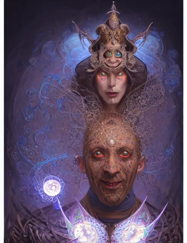 Image similar to front shot of a court jester character, hyperdimensional, bioluminescent hypercubes, dark holography!!!, (((intricate))), elegant, highly detailed, centered, (((artstation, concept art, smooth, sharp focus, artgerm, Tomasz Alen Kopera, Peter Mohrbacher, donato giancola, Joseph Christian Leyendecker, WLOP, Boris Vallejo))), mugshot!!!!!, ugly!!!!!!, octane render, nvidia raytracing demo, octane render, nvidia raytracing demo, octane render, nvidia raytracing demo, grainy, muted, 8K, digitalblasphemy, metatron