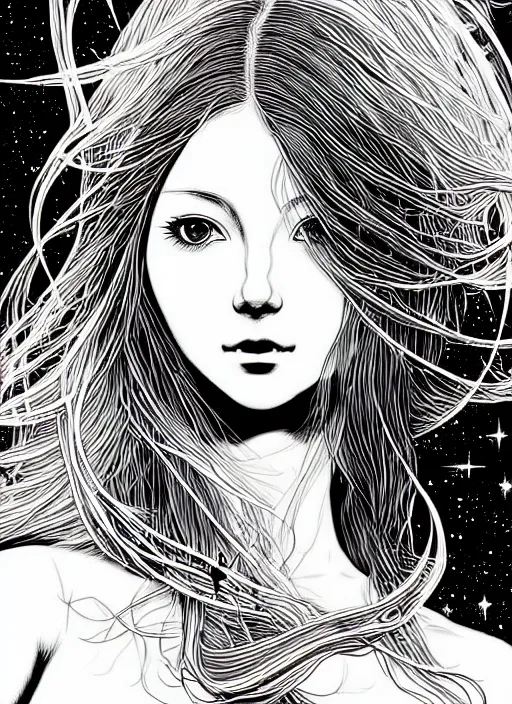 Prompt: highly detailed portrait of a hopeful pretty astronaut lady with a wavy blonde hair, by Apollonia Saintclair, 4k resolution, nier:automata inspired, bravely default inspired, vibrant but dreary but upflifting red, black and white color scheme!!! ((Space nebula background))