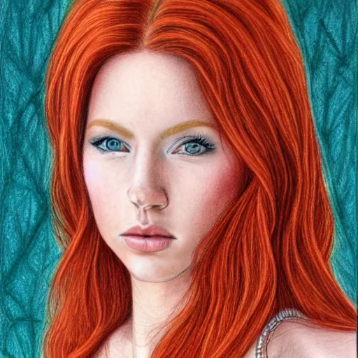 Prompt: full body detailed colored pencil drawing of a beautiful red haired woman with a beautiful face, high detail, intricate clothing