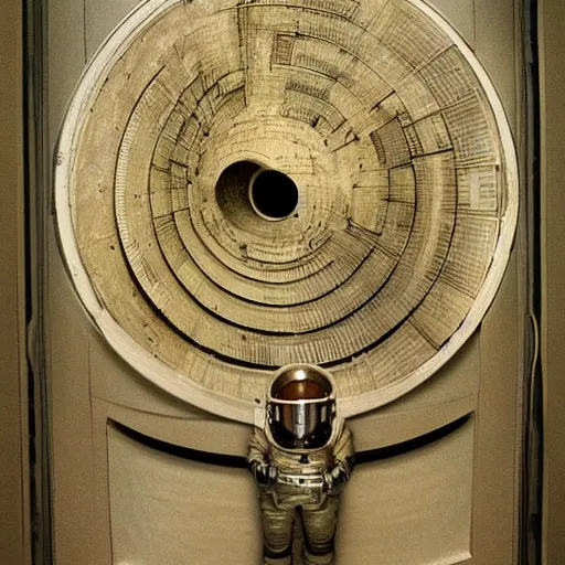 Image similar to photo - realism, space astronaut opening door that shows space and time created by leonardo davinci with extra detail, epic, spiral, perfection, zero.