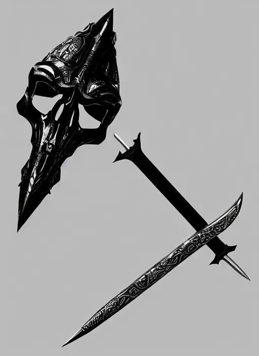 Image similar to a black and silver sword skull crest, orthographic, ornament, weapon, a 2 d render by dom qwek, front side, concept art, trending on polycount, artstation, hard surface modeling, rendered in maya, zbrush, hd, vray, blizzard, symmetry