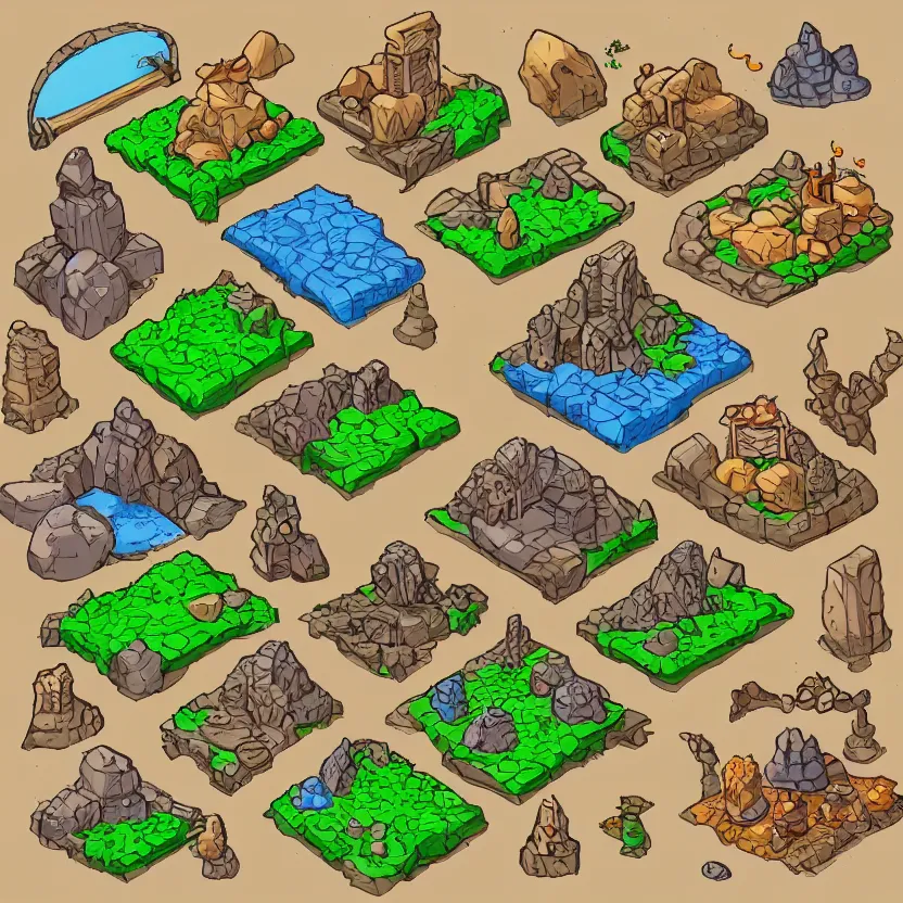 Prompt: set of isometric game tiles, containing a boulder, a wizard's tower, a cave, and several mines, colored lineart