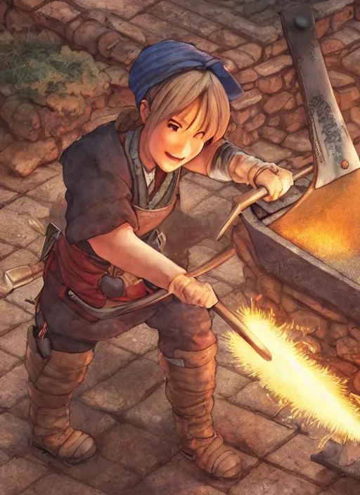 Prompt: character portrait of a blacksmith tomboy pounding a rod of hot iron on an anvil at the smithy, hidari, color page, tankoban, 4K, tone mapping, Akihiko Yoshida.