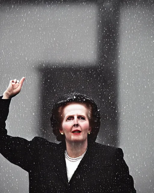Image similar to margaret thatcher drenched in torrential rainstorm, full body, atmospheric moody hyper realistic award winning color cinematic still 8 k