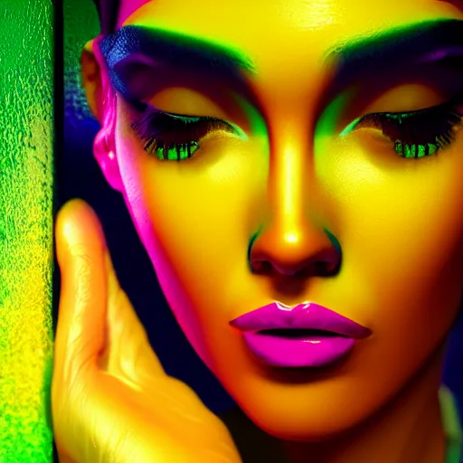 Image similar to A close-up of a beautiful girl with a surreal makeup full of colors and stripes, octane render, details visible, cyberpunk vibes, neons on the background