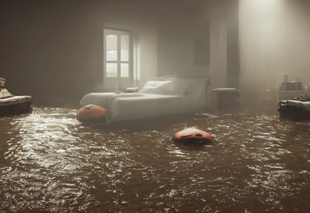 Prompt: kodak portra 4 0 0 photographic and realistic, interior theater, detailed, octane render, unreal engine, 4 k, artstation, hyper realistic, wide angle, floor flooded, how a river, objects that float, 3 5 mm, sharp focus, soft light, volumetric light fog, in the style of gregory crewdson