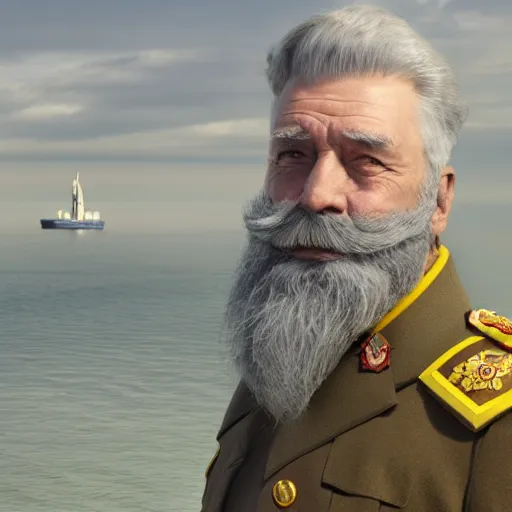 Image similar to a old man in officer suit of russian empire, gray hair and beard, giant yellow dieselpunk ship on background, colored, photorealistic, high detailed, smooth, sharp focus, real life photo, face details, highfleet, 4 k