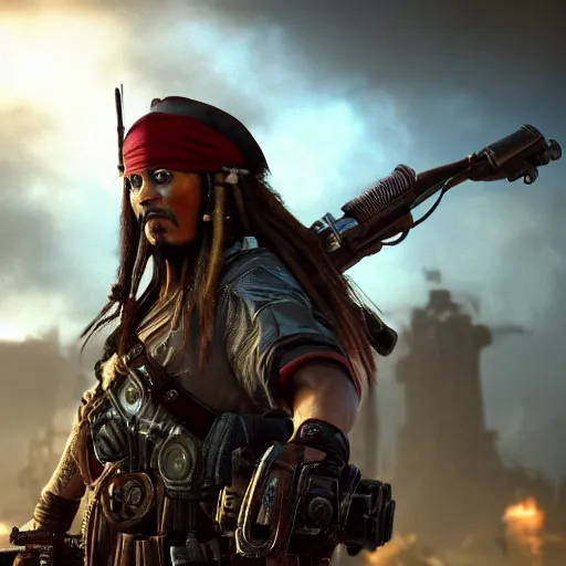 Image similar to captain jack sparrow in gears of war, splash art, movie still, cinematic lighting, dramatic, octane render, long lens, shallow depth of field, bokeh, anamorphic lens flare, 8 k, hyper detailed, 3 5 mm film grain